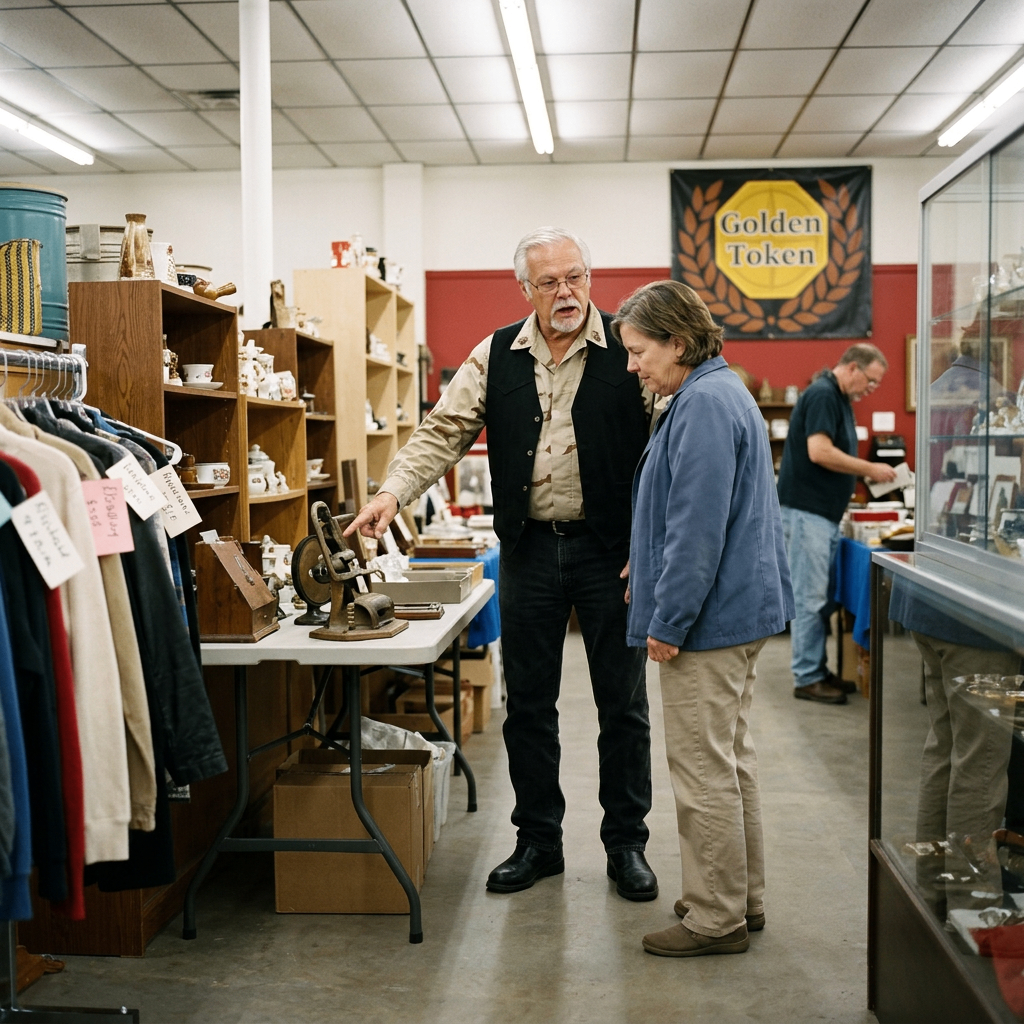 Tim assisting a shopper at Golden Token Flea Market thrift store
